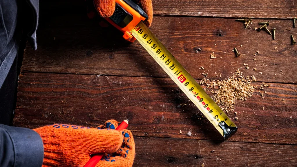 Hands using a tape measure on wood