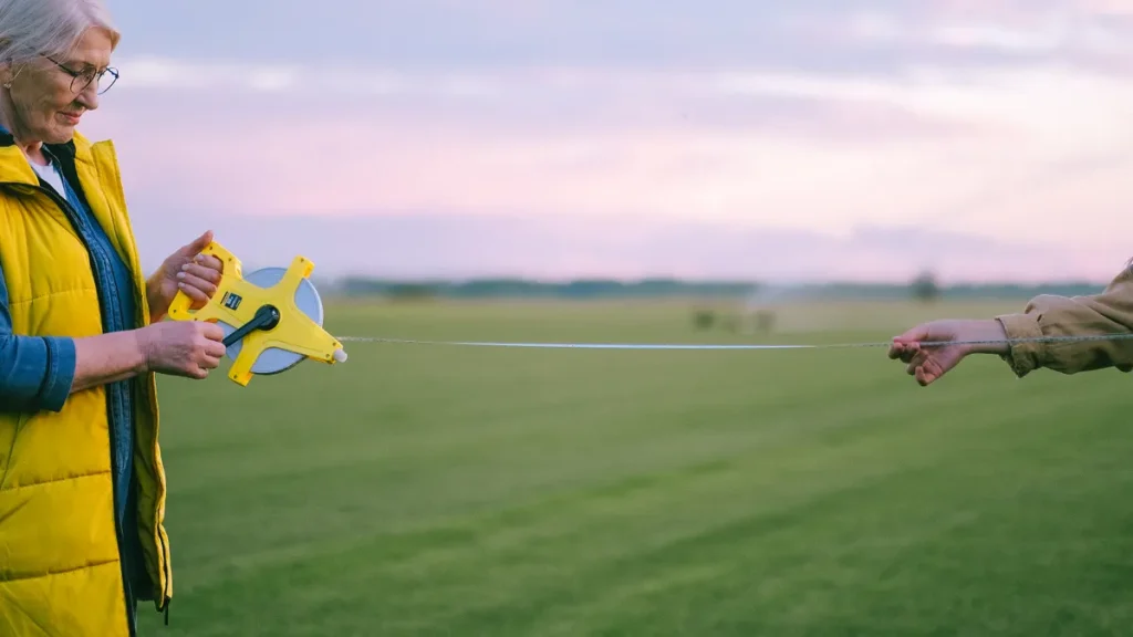 Two people measuring distance with a tape in an open field
