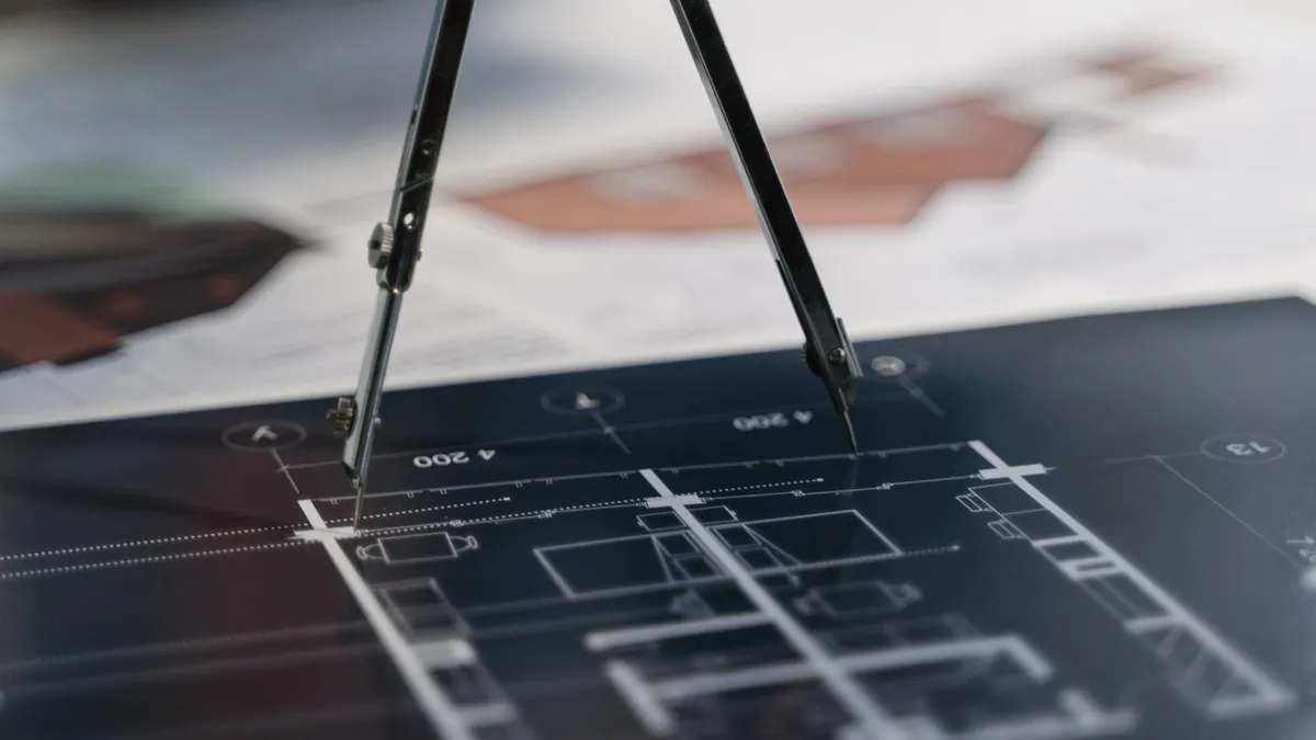Technical drawing under drafting compass