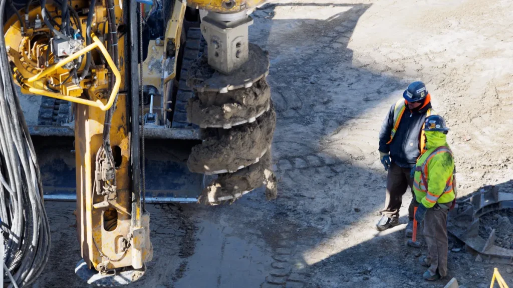 Excavation machinery and workers at a digging site